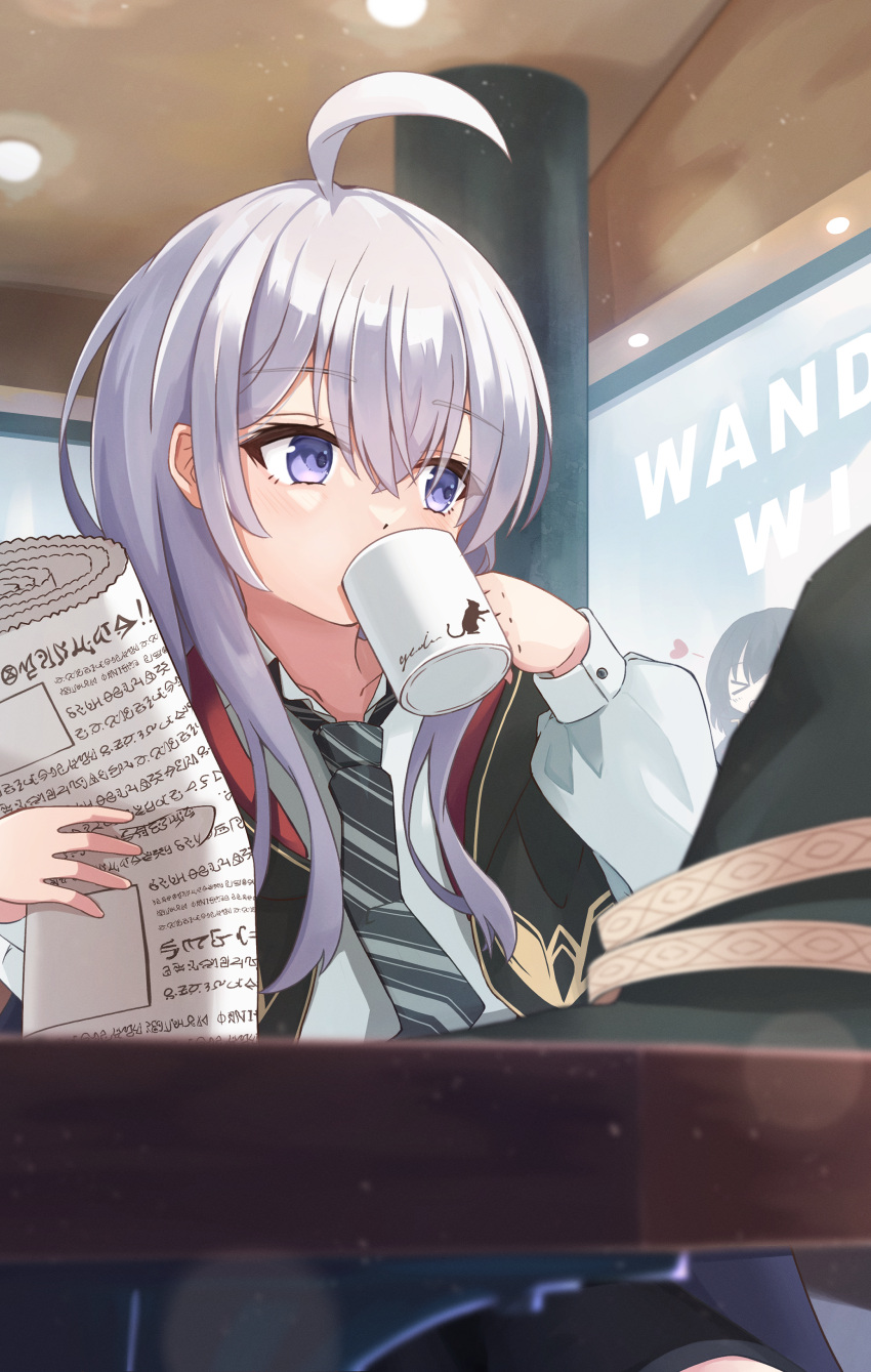 &gt;_&lt; 2girls absurdres ahoge animal_print black_headwear black_robe cat_print collared_shirt cup drinking elaina_(majo_no_tabitabi) elumina1213 feet_out_of_frame flat_chest hat heart highres holding holding_cup holding_newspaper indoors long_hair looking_to_the_side majo_no_tabitabi multiple_girls necktie newspaper robe saya_(majo_no_tabitabi) shirt solo_focus striped_necktie table television upper_body violet_eyes white_hair white_shirt witch_hat wooden_table