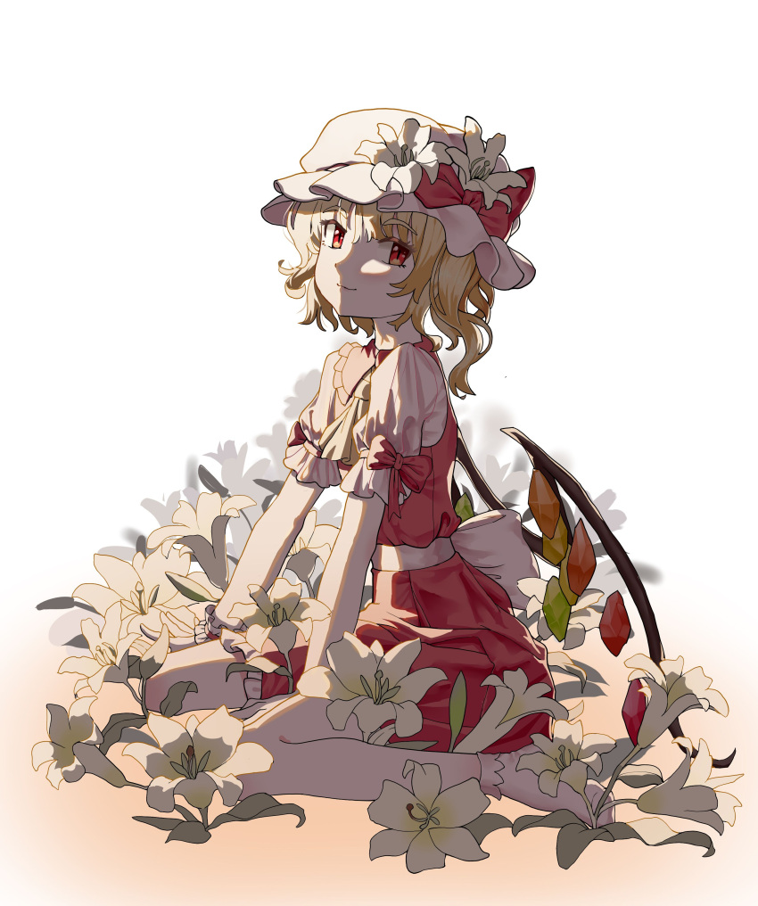 1girl absurdres arm_support blonde_hair bow closed_mouth collared_shirt commentary crystal_wings easter_lily flandre_scarlet flower frilled_shirt_collar frilled_skirt frills from_side full_body hat hat_bow hat_flower highres lily_(flower) looking_at_viewer looking_to_the_side medium_hair medium_skirt mob_cap one_side_up pleated_skirt red_bow red_eyes red_vest shirt short_sleeves sidelighting sitting skirt sleeve_bow sleeve_garter smile solo touhou vest waist_bow wariza white_background white_bow white_headwear white_lily white_shirt youpofen