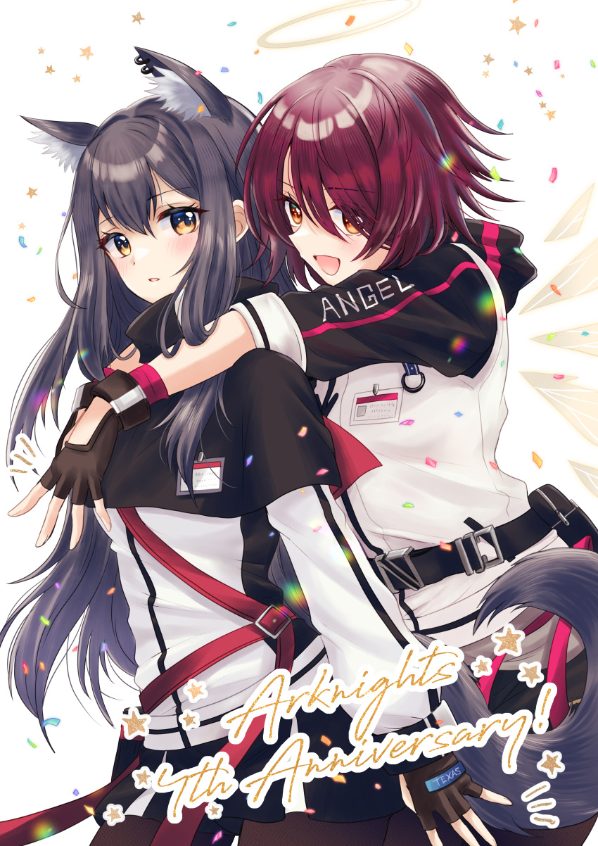 :d absurdres animal_ear_fluff animal_ears arknights ass belt black_capelet black_gloves black_hair black_pantyhose blush buckle capelet chiwa_(chiwawanwan1206) clothes_writing confetti cowboy_shot detached_wings energy_wings extra_ears exusiai_(arknights) fingerless_gloves gloves halo highres huge_ass id_card jacket long_hair long_sleeves looking_at_viewer orange_eyes pantyhose parted_lips redhead short_hair simple_background smile tail texas_(arknights) white_background white_jacket wings wolf_ears wolf_girl wolf_tail yellow_eyes