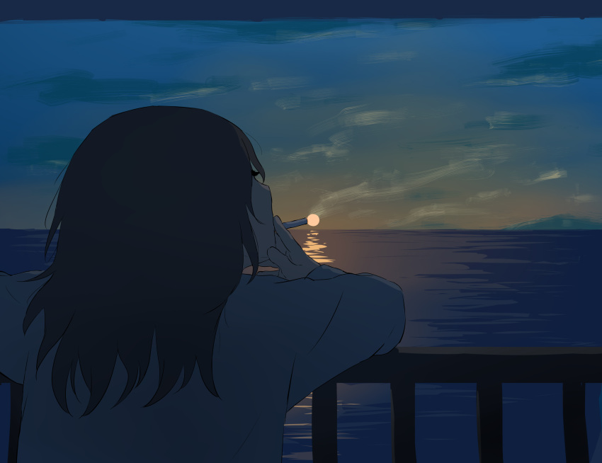1boy absurdres against_railing avogado6 cigarette clouds commentary from_behind grey_hair highres holding holding_cigarette light_reflection_(water) long_hair long_sleeves looking_to_the_side ocean original railing shirt smoking solo sunrise white_shirt