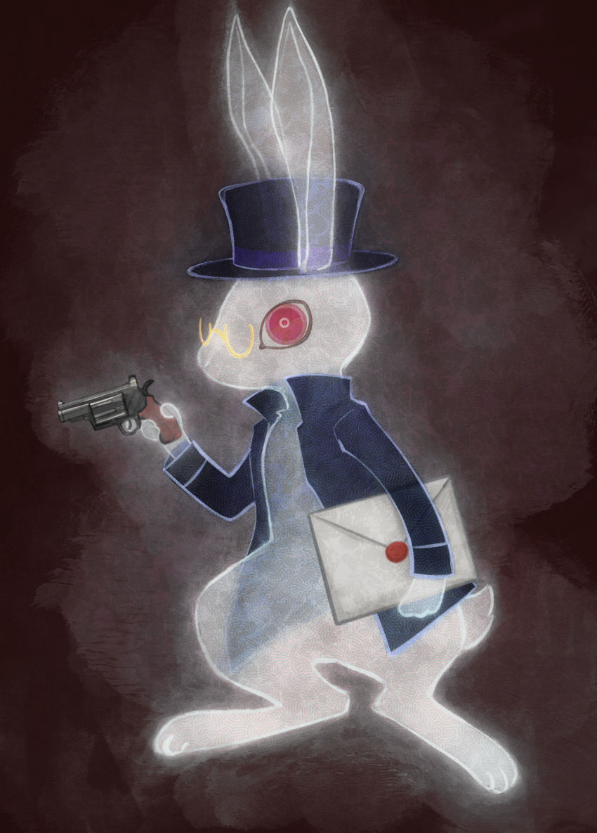 absurdres black_background black_headwear chasel_savio chinese_commentary circle_of_inevitability commentary_request glasses gun hat highres holding holding_gun holding_letter holding_weapon jojo8352 letter looking_at_viewer no_humans rabbit red_eyes semi-rimless_eyewear top_hat transparent weapon white_rabbit_(animal)