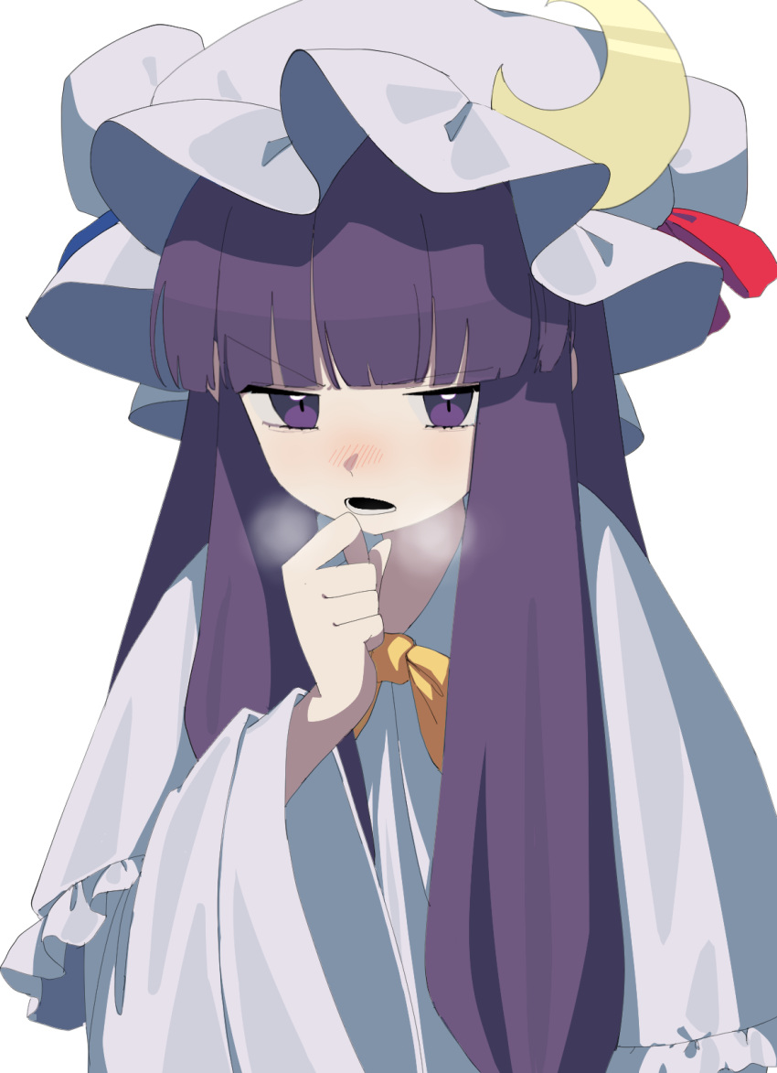 1girl blunt_bangs blush bow bowtie breath capelet clenched_hand crescent crescent_hat_ornament dress frilled_capelet frills hand_up hat hat_ornament heavy_breathing highres long_hair looking_at_viewer mob_cap nanashi_nasi open_mouth patchouli_knowledge purple_hair sidelocks simple_background solo touhou upper_body white_background white_capelet white_dress white_headwear wide_sleeves yellow_bow yellow_bowtie