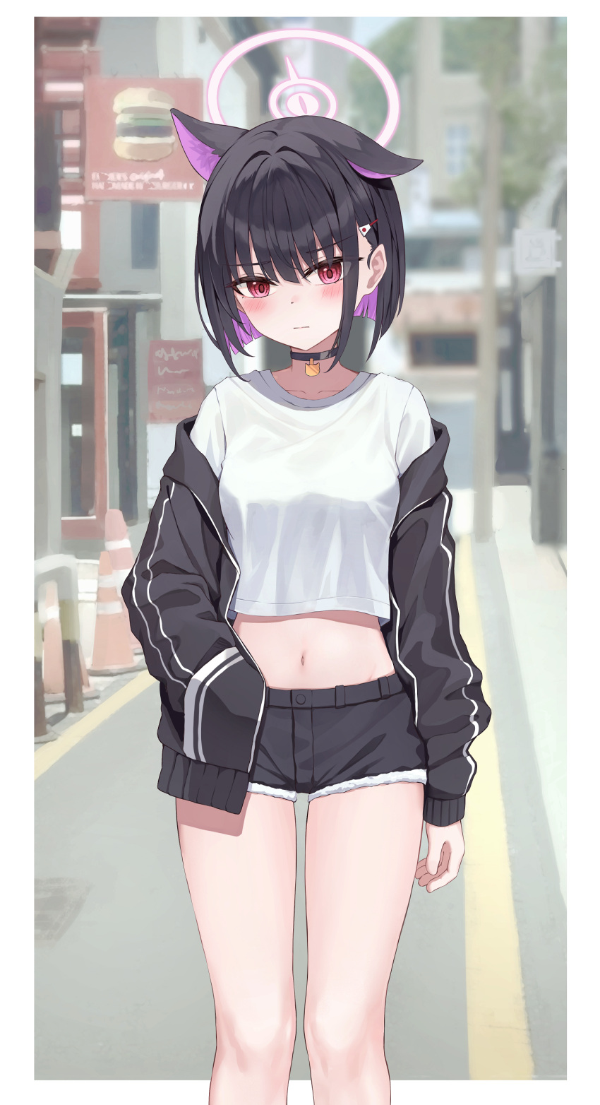 1girl absurdres alternate_costume animal_ears black_choker black_hair black_jacket black_shorts blue_archive blunt_bangs blush breasts casual cat_ears choker closed_mouth collarbone colored_inner_hair commentary_request commission extra_ears feet_out_of_frame hair_ornament hairclip halo highres jacket kazusa_(blue_archive) kurone_(kurone_ryuo) long_sleeves looking_at_viewer medium_breasts multicolored_hair navel open_clothes open_jacket pink_hair pink_halo red_eyes second-party_source shirt short_hair shorts sidelocks solo twitter_username white_shirt