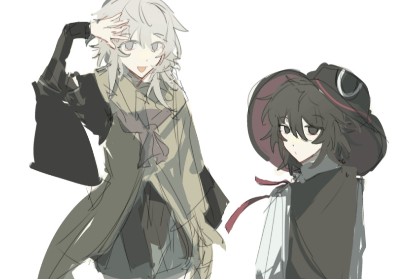 2others androgynous ascot black_eyes black_hair black_headwear black_sleeves black_vest brown_ascot closed_mouth enraku_tsubakura grey_eyes grey_hair hand_on_own_head houlen_yabusame len'en long_sleeves medium_hair multiple_others open_mouth other_focus simple_background sketch smile two-sided_fabric two-sided_headwear vest white_background wide_sleeves xianxunyou