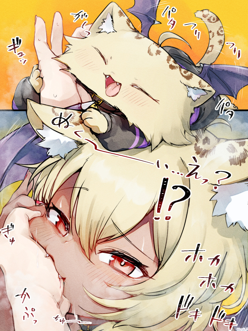 !? 1girl animal_ear_fluff animal_ears animalization bat_wings biting biting_another's_hand blonde_hair blush cat_ears cat_girl highres hololive ikayaki_(ikayaki4) looking_at_viewer medium_hair nekomata_okayu nekomata_okayu_(1st_costume) nekomata_okayu_(cat) red_eyes smile solo virtual_youtuber wings