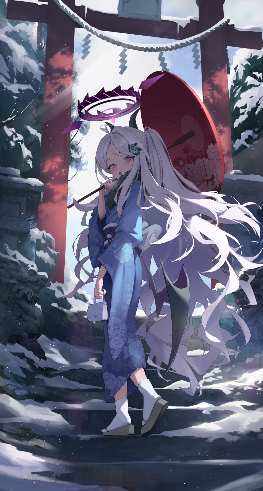 1girl absurdres black_horns black_wings blue_archive blue_kimono blush day demon_horns demon_wings grey_hair halo highres hina_(blue_archive) holding holding_umbrella horns japanese_clothes kimono long_hair long_sleeves looking_at_viewer oil-paper_umbrella okkimon open_mouth outdoors socks solo stairs tabi torii umbrella very_long_hair violet_eyes white_socks wide_sleeves wings zouri