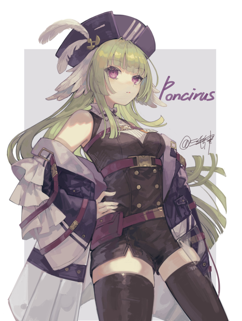 1girl absurdres arknights bare_shoulders belt black_footwear black_shirt black_thighhighs blunt_ends border breasts character_name coat commentary feather_hair green_hair grey_background hand_on_own_hip hat_feather highres light_frown long_hair looking_at_viewer medium_breasts miike_(992058) multicolored_coat multiple_belts off_shoulder poncirus_(arknights) purple_coat purple_headwear shirt signature simple_background sleeveless sleeveless_shirt solo thigh-highs two-tone_coat violet_eyes white_background white_coat