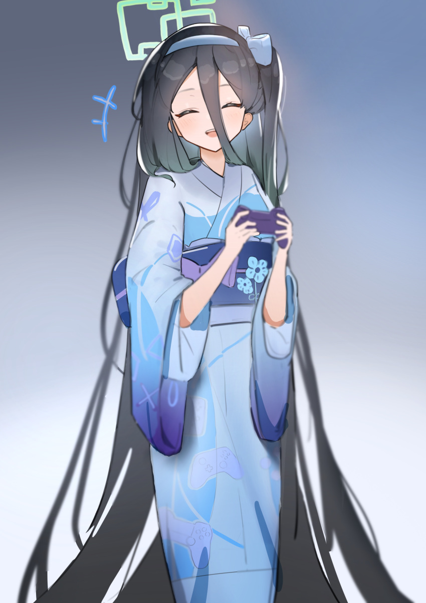 1girl absurdly_long_hair absurdres andersonalac aqua_halo aris_(blue_archive) black_hair blue_archive blue_bow blue_hairband bow closed_eyes controller facing_viewer game_controller gradient_background hair_between_eyes hair_bow hairband halo highres holding holding_controller holding_game_controller japanese_clothes kimono long_hair long_sleeves open_mouth print_kimono smile solo square_halo teeth upper_teeth_only very_long_hair wide_sleeves
