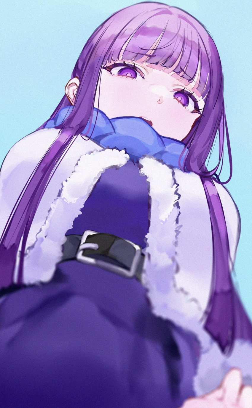 1girl absurdres belt belt_buckle black_belt black_eyeliner blue_scarf blunt_bangs breasts buckle capelet coat commentary cut_bangs disgust dress eyelashes eyeliner fern_(sousou_no_frieren) highres lap_pillow large_breasts long_hair long_sleeves looking_at_viewer makeup mile_(off8mile) open_mouth pov purple_hair purple_pupils scarf scowl sidelocks simple_background solo sousou_no_frieren straight_hair violet_eyes white_capelet