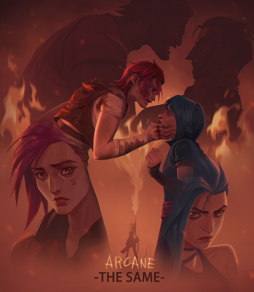 2boys 2girls absurdres aged_down angry arcane:_league_of_legends arcane_jinx arcane_vi arm_wrap asymmetrical_hair bandaged_arm bandaged_hand bandages beard betrayal black_sclera blood blood_on_clothes blood_on_face blue_hair brothers brown_hair brown_shirt child chinese_commentary closed_mouth colored_sclera commentary copyright_name crying eyebrow_cut facial_hair facial_tattoo father_and_daughter fire flare full_beard gloves hair_ornament hair_slicked_back hairclip highres holding holding_another's_head hood hooded_vest hoodie jacket jinx_(league_of_legends) league_of_legends long_hair looking_at_viewer multiple_boys multiple_girls nose_piercing piercing pink_hair powder_(arcane) red_jacket sad scar scar_across_eye scar_on_face shirt short_hair siblings sidecut silco_(arcane) silhouette sisters strangling tattoo tearing_up tears teeth title_page undercut vander_(arcane) vest vi_(league_of_legends) wrist_wrap yyc992