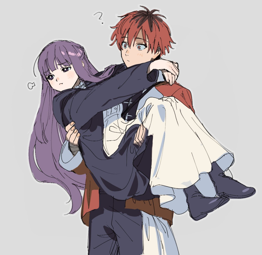 1boy 1girl ? black_cloak black_footwear boots brown_hair carrying cloak commentary_request dress fern_(sousou_no_frieren) frown highres jacket long_dress long_hair multicolored_hair princess_carry purple_hair red_eyes red_jacket redhead roots_(hair) s90jiiqo2xf0fk5 sousou_no_frieren stark_(sousou_no_frieren) two-tone_hair white_dress