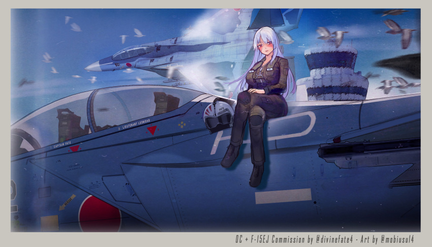 1girl absurdres aim-9_sidewinder aircraft airplane armor bird blue_sky blush breasts canopy_(aircraft) clouds day f-15j_eagle fighter_jet flying helmet highres japan_air_self-defense_force japan_self-defense_force jet large_breasts long_hair looking_at_viewer military military_vehicle missile mobius_(suicideloli) multiple_aircraft original outdoors pilot pilot_helmet pilot_suit red_eyes roundel sky smoke solo too_many too_many_birds tower weapon white_hair