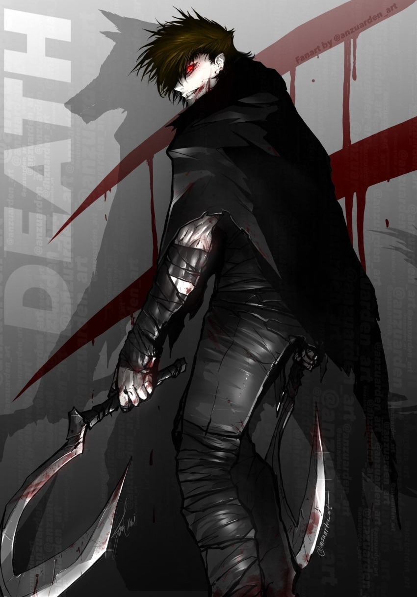 1boy anzuarden_art arm_wrap artist_name black_cloak blood blood_on_wall brown_hair character_name cloak commentary death_(puss_in_boots) dual_wielding english_commentary fangs glowing hand_wraps highres holding holding_sickle holding_weapon hood hooded_cloak humanization looking_at_viewer pale_skin puss_in_boots:_the_last_wish red_eyes short_hair sickle smile solo teeth twin_blades weapon