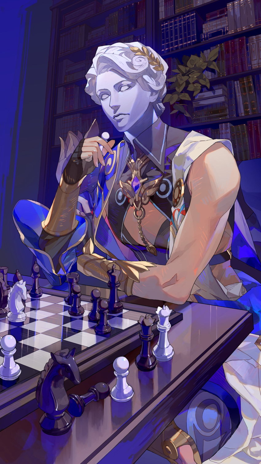 1boy absurdres bishop_(chess) black_gloves board_game bookshelf chess chess_piece dr._ratio_(honkai:_star_rail) elbow_on_table fingerless_gloves gloves highres holding_chess_piece honkai:_star_rail honkai_(series) indoors king_(chess) kiwo20000 knight_(chess) male_focus muscular muscular_male pawn_(chess) pectoral_cleavage pectorals queen_(chess) rook_(chess) sandals sitting solo