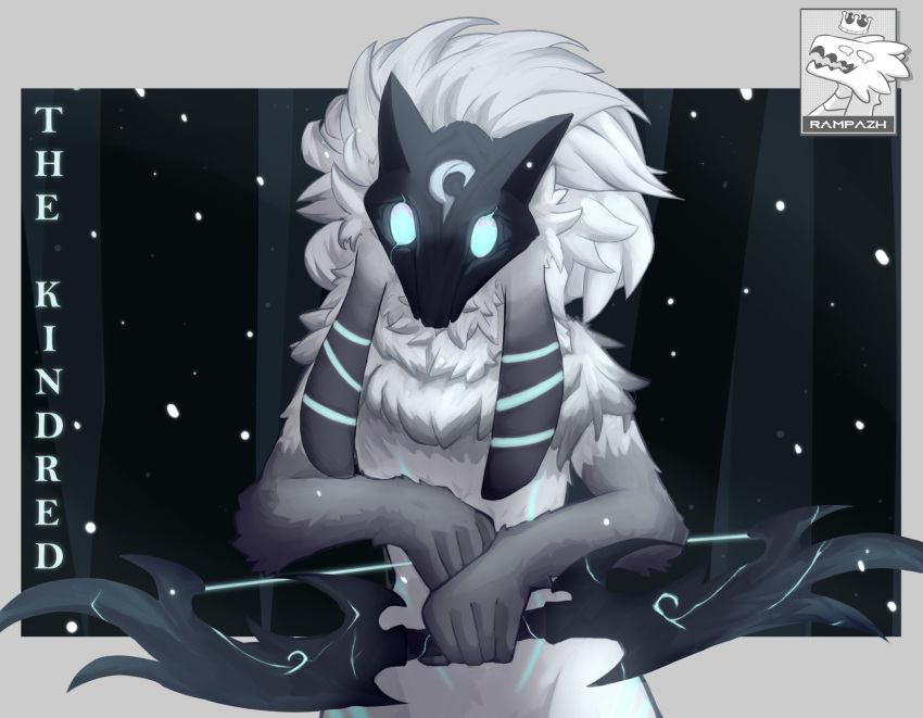 1girl artist_name body_fur bow_(weapon) character_name furry furry_female glowing glowing_eyes grey_background grey_fur highres holding holding_bow_(weapon) holding_weapon horns kindred_(league_of_legends) lamb_(league_of_legends) league_of_legends long_hair looking_at_viewer mask rampazh tree two-tone_fur upper_body weapon