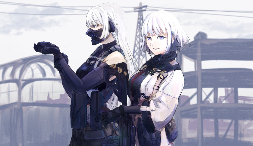 2girls ak-15_(girls'_frontline) eyebrows_hidden_by_hair girls_frontline gun hatter_silver highres holding holding_gun holding_weapon light_machine_gun long_hair looking_at_viewer mask mouth_mask multiple_girls parted_lips rpk-16 rpk-16_(girls'_frontline) short_hair upper_body violet_eyes weapon white_hair