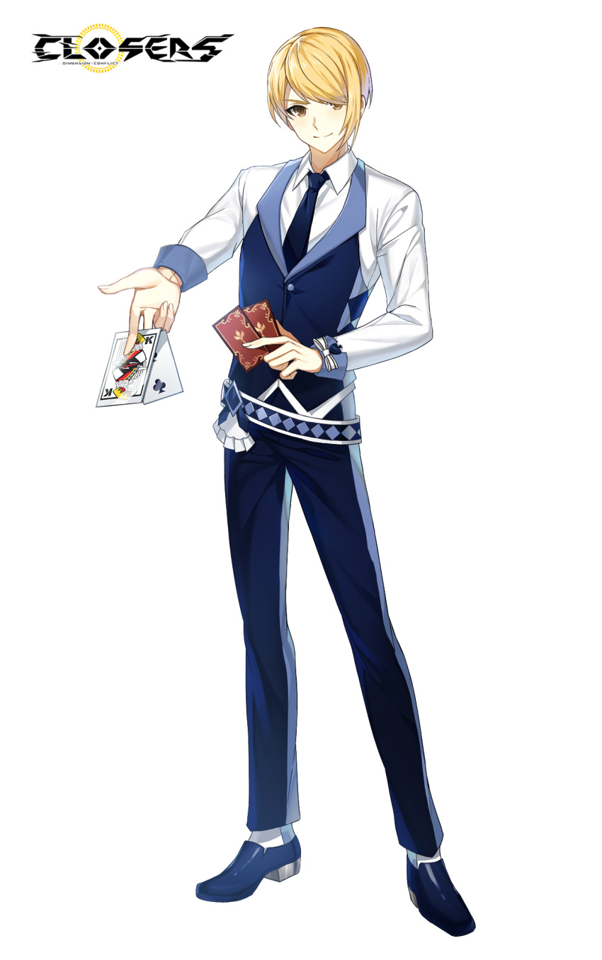 &gt;:) 1boy alternate_hair_color belt between_fingers blonde_hair blue_belt blue_footwear blue_necktie blue_pants blue_vest bow brown_eyes card closers collared_shirt copyright_name croupier dress_pants dress_shirt dress_shoes full_body hair_over_one_eye highres holding holding_card king_(playing_card) legs_apart logo long_sleeves looking_at_viewer male_focus necktie official_art outstretched_arm outstretched_hand pants playing_card reaching reaching_towards_viewer seha_lee shirt short_hair socks solo standing swept_bangs tachi-e two_of_clubs v-shaped_eyebrows vest waistcoat white_background white_bow white_shirt white_socks wrist_bow