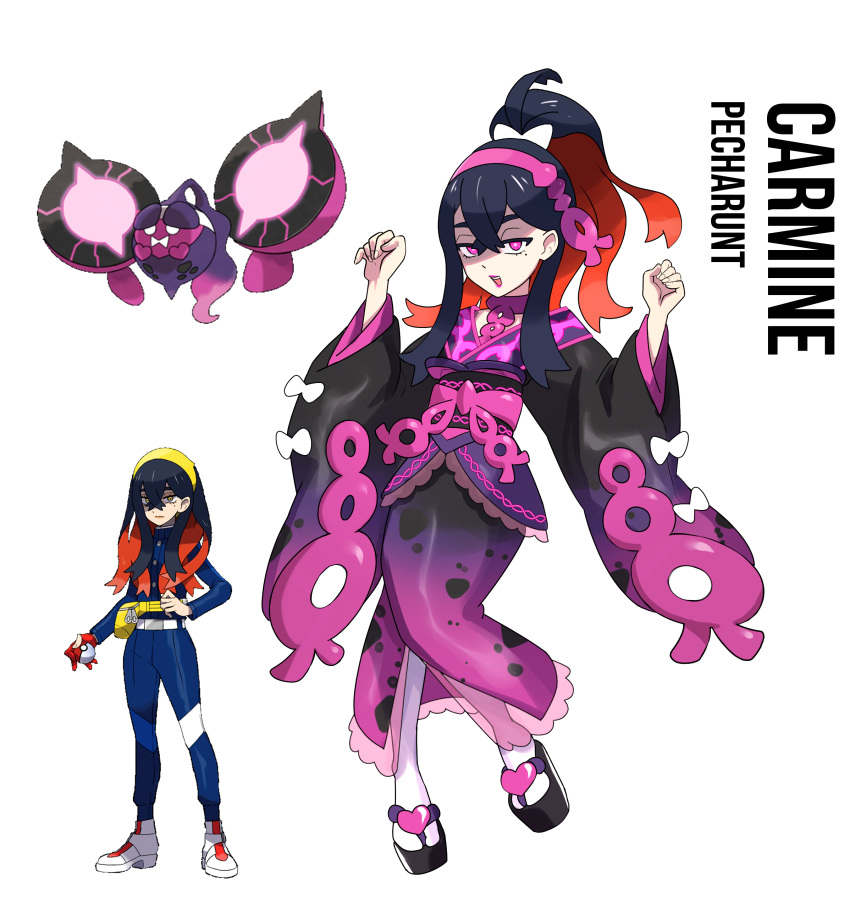 1girl absurdres alternate_costume alternate_hairstyle black_hair carmine_(pokemon) colored_inner_hair crossed_bangs hair_between_eyes high_ponytail highres japanese_clothes kimono long_hair long_sleeves mind_control mole mole_under_eye multicolored_hair obi official_style open_mouth pecharunt pokemon pokemon_(creature) pokemon_sv ponytail redhead rhymewithray sash simple_background two-tone_hair wide_sleeves