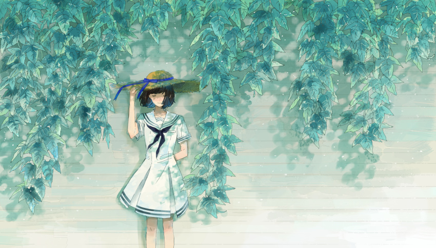 1girl adjusting_clothes adjusting_headwear arm_behind_back bare_legs black_hair black_neckerchief blue_bow bob_cut bow closed_eyes closed_mouth dappled_sunlight day dress facing_viewer green_theme hand_up hat hat_bow highres hinao_(flowerrabbit2348) light_particles neckerchief original plant sailor_collar short_hair solo standing straw_hat sunlight vines white_dress wooden_wall