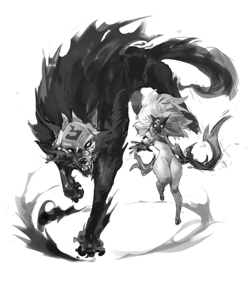 1girl body_fur bow_(weapon) furry furry_female greyscale highres holding holding_bow_(weapon) holding_weapon horns kindred_(league_of_legends) lamb_(league_of_legends) league_of_legends long_hair looking_at_viewer mask monochrome tuxedo_de_cat weapon wolf_(league_of_legends)