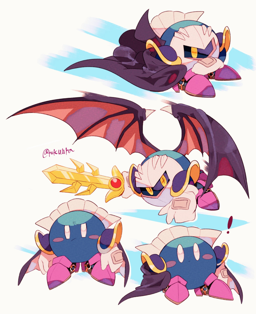 ! 1boy armor armored_boots artist_name black_cape black_wings blue_background blush blush_stickers boots cape closed_mouth commentary_request expressionless fighting_stance frown galaxia_(sword) gloves highres holding holding_sword holding_weapon kirby_(series) looking_at_viewer mask meta_knight multiple_views pauldrons purple_footwear shoulder_armor simple_background solo spiked_wings spikes standing sword tokuura twitter_username v-shaped_eyebrows weapon white_background white_eyes white_gloves wings yellow_eyes