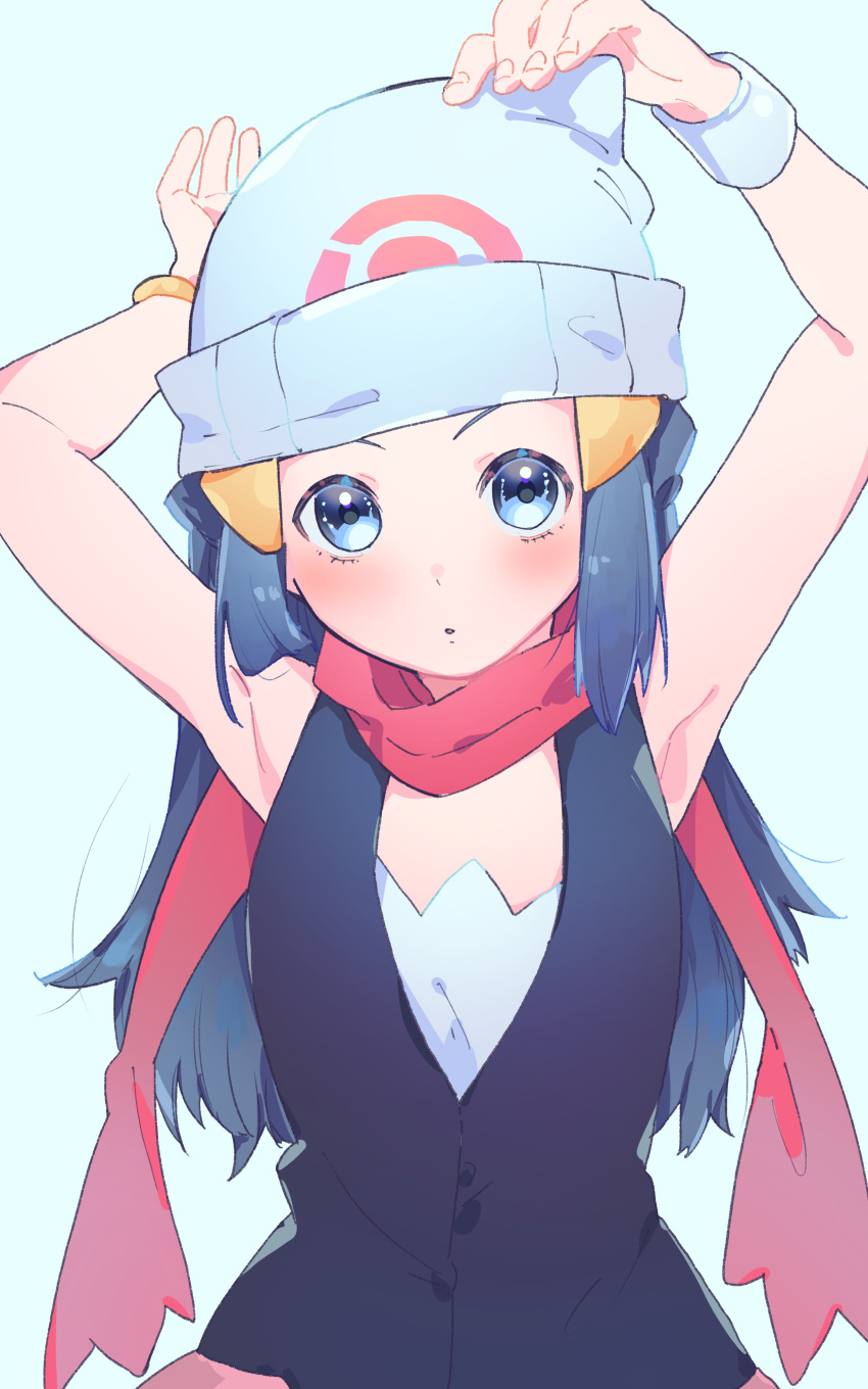 1girl absurdres arms_up beanie black_hair black_shirt blue_eyes blush bracelet commentary_request hair_ornament hairclip hat highres hikari_(pokemon) jewelry long_hair looking_at_viewer parted_lips pink_scarf pokemon pokemon_dppt scarf shirt sidelocks sleeveless sleeveless_shirt solo upper_body valentine_(02140314c) white_headwear
