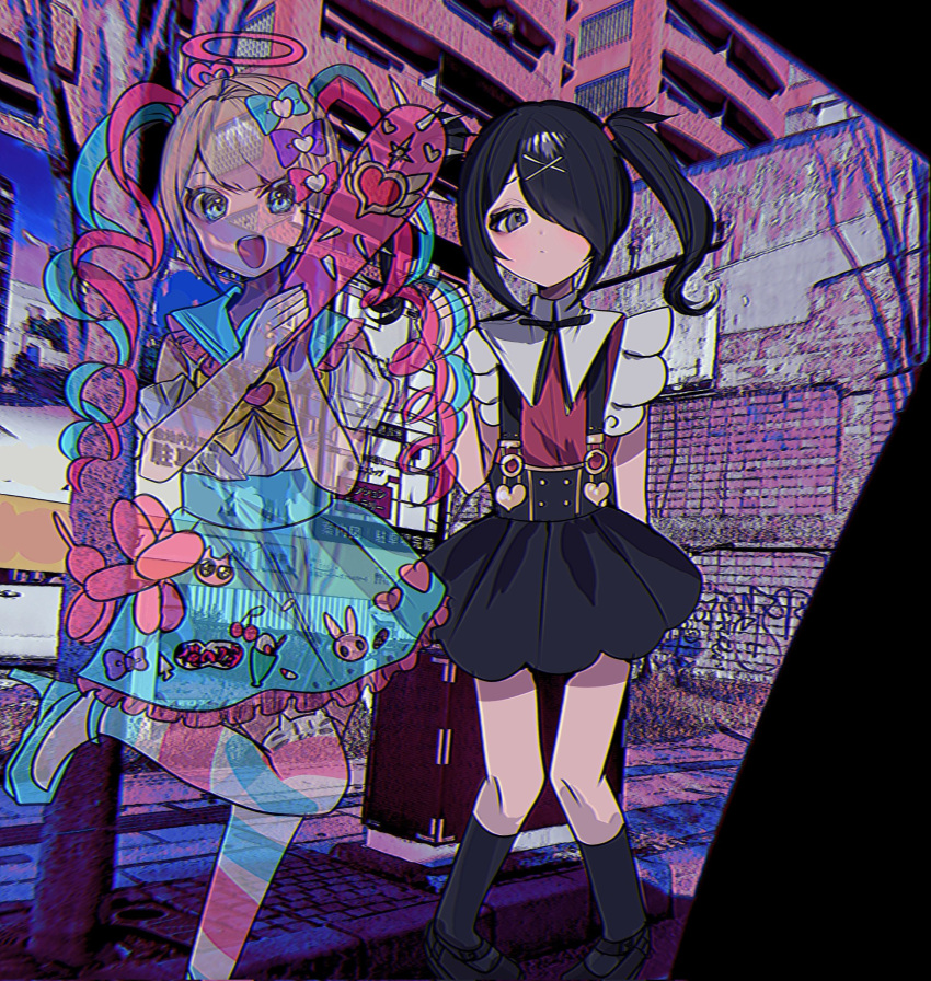 2girls :d ame-chan_(needy_girl_overdose) baseball_bat black_hair black_ribbon black_skirt blue_bow blue_eyes blue_hair blue_skirt bow chouzetsusaikawa_tenshi-chan collared_shirt commentary_request expressionless hair_bow hair_ornament hair_over_one_eye halo hands_up highres long_hair looking_at_viewer momae_makku multicolored_hair multiple_girls multiple_hair_bows nail nail_bat neck_ribbon needy_girl_overdose official_alternate_costume open_mouth outdoors photo_background pink_bow pink_hair pink_halo purple_bow quad_tails red_shirt ribbon shirt shoes skirt smile standing standing_on_one_leg suspender_skirt suspenders transparent twintails white_shirt x_hair_ornament