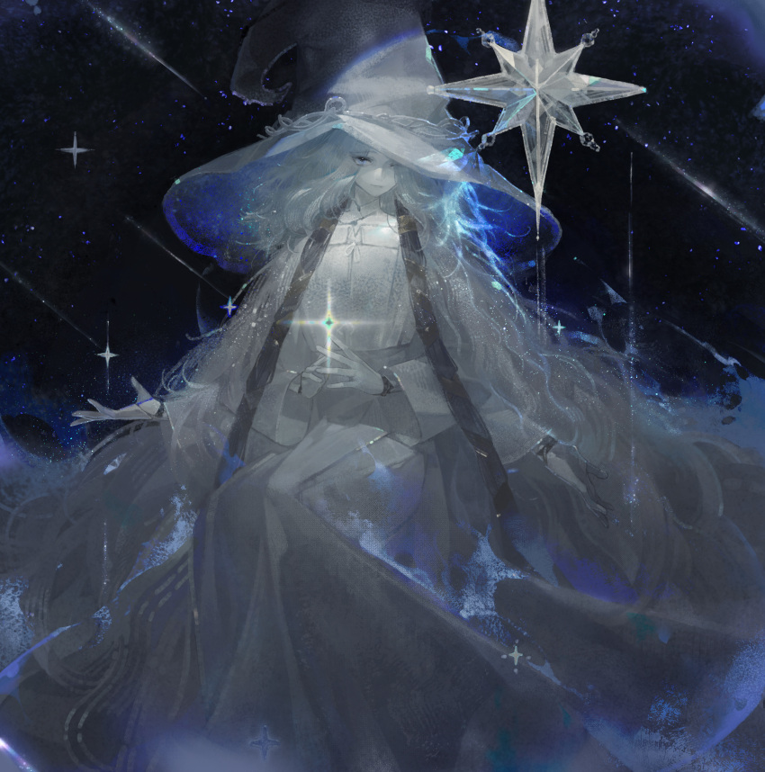 1girl absurdres blue_eyes cloak closed_mouth colored_skin dress elden_ring extra_arms glowing hat highres large_hat medium_hair nibanmachi_wakai night night_sky one_eye_closed own_hands_together ranni_the_witch sky solo sparkle star_(sky) starry_sky white_dress white_hair white_skin witch_hat