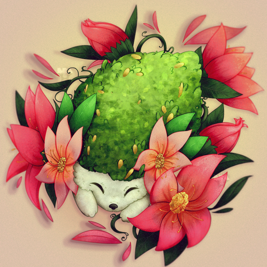 airis_(eeev4552) animal_focus closed_eyes flower from_above highres leaf lying no_humans on_stomach petals pink_flower pokemon pokemon_(creature) shaymin shaymin_(land) solo