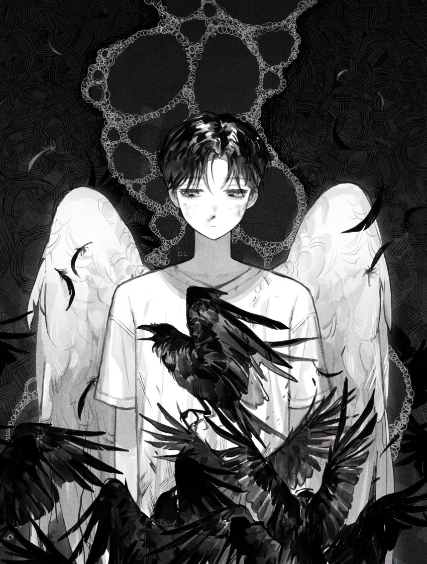 1boy arms_at_sides bird black_hair crow curtained_hair dark facing_viewer falling_feathers feathered_wings feathers flock foam gradient_background highres injury looking_down mong_120 monochrome original patterned_background shirt short_hair short_sleeves solo straight-on upper_body white_shirt white_wings wings