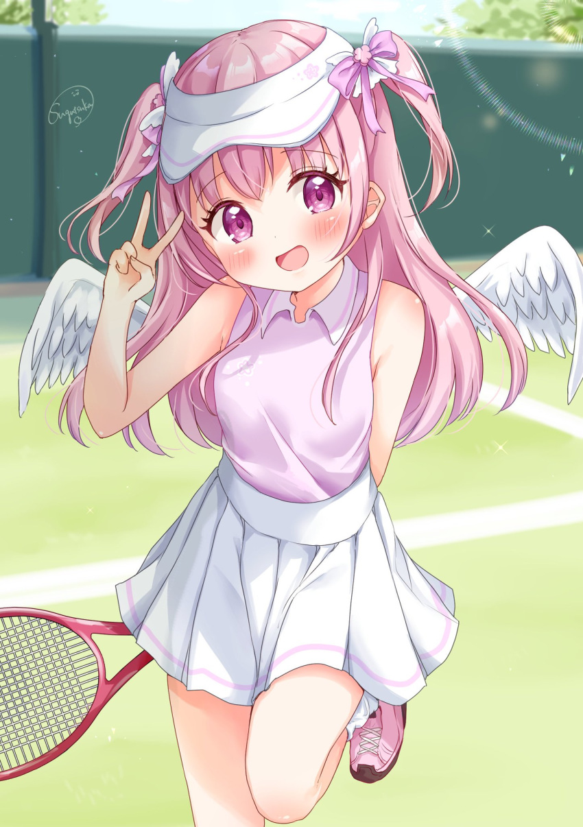 1girl :d armpits artist_name bare_shoulders blurry blurry_background blush breasts collared_dress commission depth_of_field dress eyebrows_hidden_by_hair feathered_wings frills hair_ornament hands_up happy highres holding_tennis_racket long_hair looking_at_viewer medium_breasts original outstretched_arms pink_eyes pink_footwear pink_hair pink_ribbon pleated_dress racket ribbon shoes skeb_commission sleeveless sleeveless_dress smile sneakers socks solo sportswear standing standing_on_one_leg sugutsuka_rerun tennis_racket tennis_uniform two_side_up v white_dress white_headwear white_socks white_wings wings