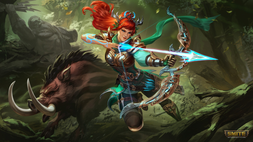 1girl absurdres armor artemis_(smite) blue_eyes boar bow_(weapon) copyright_name forest gaston_aguilera green_scarf highres holding holding_bow_(weapon) holding_weapon logo long_hair nature orange_hair outdoors pauldrons scarf shoulder_armor smite solo weapon