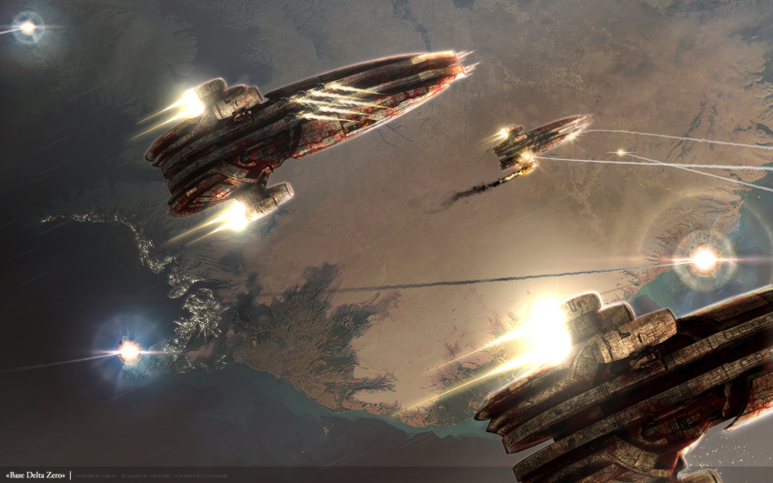 3d angel_cartel_(eve_online) battle battleship_(eve_online) cannon city city_lights commentary damaged engine eve_online explosion fire firing fleet flying from_above glowing highres in_orbit landscape machariel_(eve_online) military_vehicle minmatar_republic_(eve_online) missile muzzle_flash no_humans nuclear_explosion outdoors pirate_faction_(eve_online) planet realistic rust scenery science_fiction smoke smoke_trail spacecraft tajidan thrusters turret