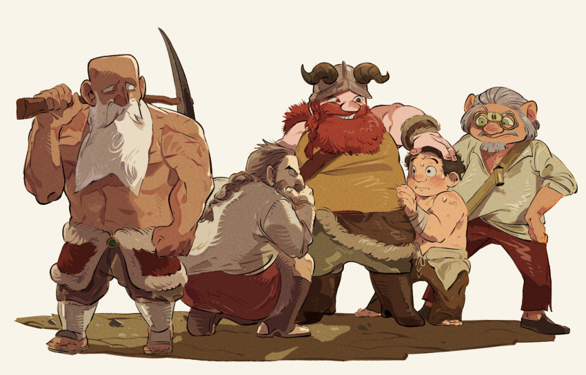 0121huiii 5boys :i aged_down bald beard black_hair blush boots braid braided_ponytail brigan brown_footwear brown_hair brown_pants carrying_over_shoulder child clenched_hand dungeon_meshi dwarf facial_hair fake_horns fur_trim gillin glasses gnome green_eyes grey_hair grey_pants grin hair_slicked_back hand_on_another's_head hand_on_own_chin hand_on_own_hip headpat height_difference helmet hiding hiding_behind_another highres holding holding_pickaxe horned_helmet horns invar lantern long_beard long_eyebrows looking_at_another looking_back looking_down multiple_boys multiple_scars muscular muscular_male mustache nervous nervous_sweating noor nose_blush on_one_knee outstretched_arm oversized_clothes pants pickaxe pince-nez red_eyes red_pants redhead round_teeth sandals scar senshi_(dungeon_meshi) shirt shoes short_hair side_braid simple_background single_braid sleeveless smile standing stroking_own_chin sweat teeth thick_eyebrows thinking topless_male white_background white_shirt yellow_shirt