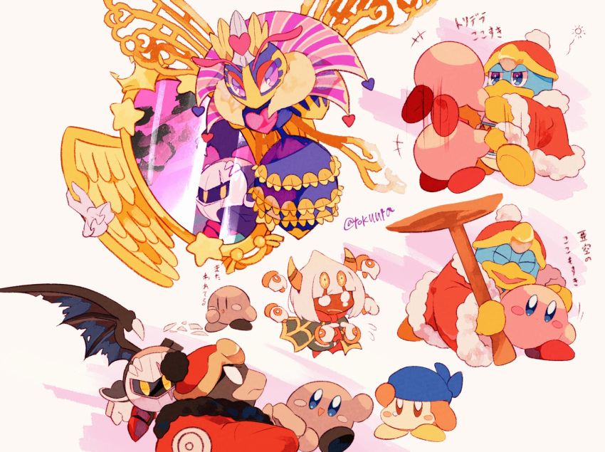 +++ 1girl 1other 5boys ^_^ antennae arm_up armor armored_boots artist_name bandana bandana_waddle_dee black_wings blue_bandana blue_eyes blunt_bangs blush blush_stickers boots brown_eyes cloak closed_eyes commentary_request cracked_mask crown dark_meta_knight dimension_mirror flying_sweatdrops frown fur-trimmed_jacket fur_trim gloves glowing glowing_eyes green_cloak hammer hand_on_own_head hand_up hat heart highres holding holding_hammer holding_hands horns hug jacket jitome jumping king_dedede kirby kirby:_triple_deluxe kirby_(series) long_sleeves looking_at_another looking_at_viewer mask mirror motion_lines open_clothes open_jacket open_mouth orange_horns pauldrons pink_background pink_eyes pom_pom_(clothes) queen_sectonia red_footwear red_headwear red_jacket red_scarf scarf shadow_dedede shadow_kirby short_hair shoulder_armor simple_background smile spiked_wings spikes star_(symbol) taranza tokuura torn_wings translation_request twitter_username v-shaped_eyebrows violet_eyes waving white_background white_eyes white_gloves white_hair wings yellow_eyes