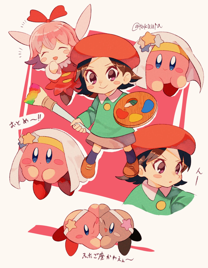 2girls :o ;d ^_^ adeleine beret black_hair blue_eyes blue_socks blush blush_stickers cheek-to-cheek closed_eyes closed_mouth collared_shirt commentary_request dress fairy fairy_wings green_shirt grey_skirt hair_ribbon hairband hand_up hat heads_together highres holding holding_paintbrush holding_palette kirby kirby_(series) long_sleeves looking_at_another looking_at_viewer multiple_girls notice_lines one_eye_closed open_mouth paint paintbrush palette_(object) parted_bangs pink_background pink_hair red_dress red_headwear red_ribbon ribbon ribbon_(kirby) shadow_kirby shirt short_hair simple_background skirt smile socks star_(symbol) tokuura translation_request v-shaped_eyebrows veil violet_eyes white_background white_hairband white_veil wings