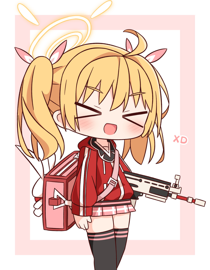 &gt;_&lt; 1girl :d ahoge bag black_thighhighs blonde_hair blue_archive blush commentary_request feet_out_of_frame gun halo hana_kazari highres holding holding_gun holding_weapon jacket long_hair long_sleeves open_mouth pink_skirt pleated_skirt red_jacket skirt smile solo thigh-highs twintails weapon xd yellow_halo yoshimi_(blue_archive)