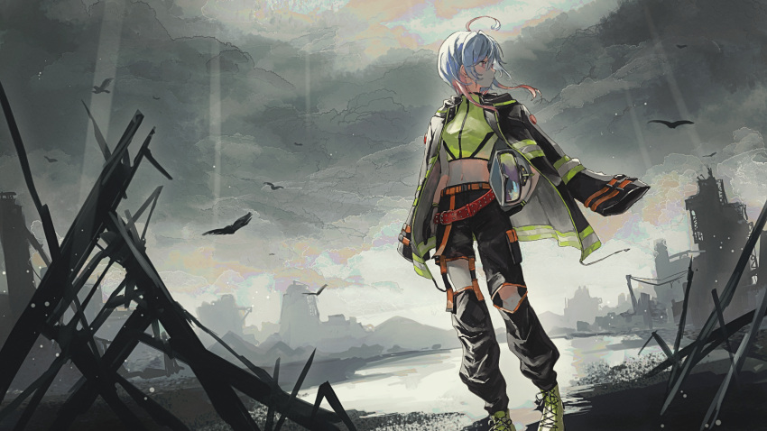 1girl ahoge belt bird black_bird black_pants blue_hair boots breasts closed_mouth clouds coat commission crop_top goggles green_footwear green_shirt highres kumagai_yuka light_particles light_rays long_hair long_sleeves looking_to_the_side midriff multicolored_hair navel orange_hair original outdoors overcast pants profile red_belt ruins shirt ski_goggles sky sleeves_past_wrists solo standing torn_clothes torn_pants two-tone_hair virtual_youtuber