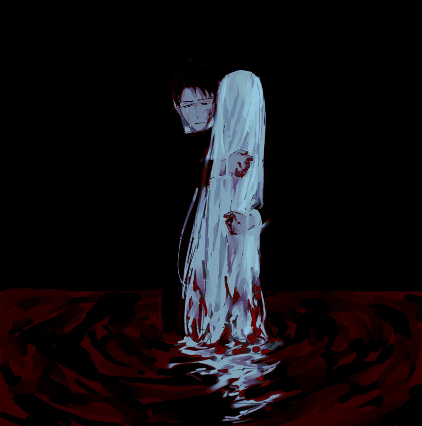 1boy 1girl angelica_(project_moon) black_eyes black_hair black_pants blending blood blood_on_clothes blood_on_face blood_on_hands closed_mouth crying highres hug husband_and_wife library_of_ruina long_hair long_sleeves mye_66 pants pool_of_blood project_moon roland_(project_moon) standing very_long_hair white_hair