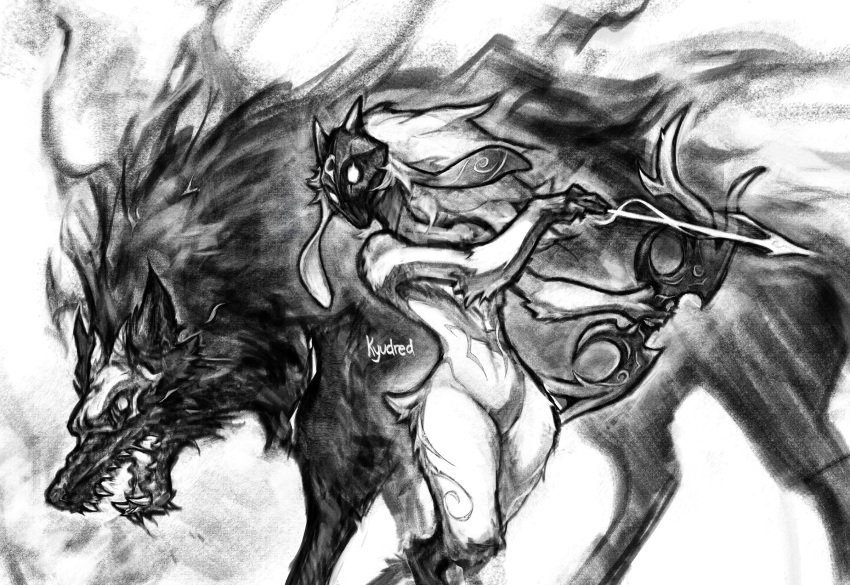 1girl animal_ears arrow_(projectile) artist_name body_fur bow_(weapon) furry furry_female greyscale highres holding holding_arrow holding_bow_(weapon) holding_weapon kindred_(league_of_legends) kyudred lamb_(league_of_legends) league_of_legends looking_to_the_side mask monochrome open_mouth sharp_teeth sheep_ears sheep_tail tail teeth weapon wolf_(league_of_legends)