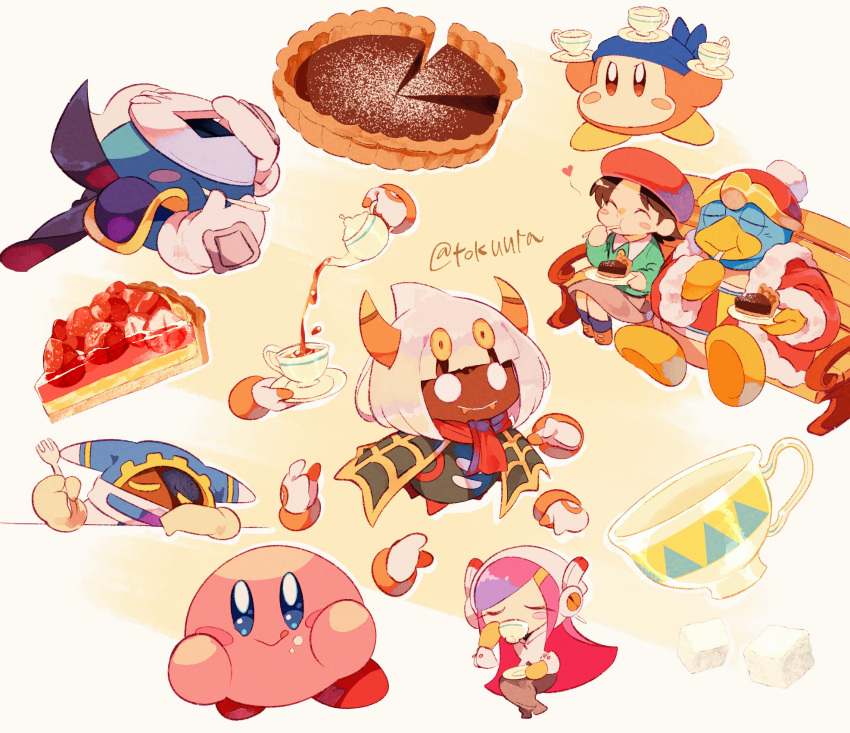1other 2girls 5boys :q :t ^_^ adeleine armor artist_name bandana bandana_waddle_dee bench beret black_cape black_hair blue_bandana blue_eyes blue_socks blunt_bangs blush blush_stickers brown_eyes brown_footwear cape cloak closed_eyes closed_mouth collared_shirt commentary_request cup cup_on_head drinking eating fangs fangs_out food food_on_face fork fruit fur-trimmed_jacket fur-trimmed_sleeves fur_trim gloves green_cloak green_shirt grey_skirt hands_on_own_cheeks hands_on_own_face hands_up hat heart highres holding holding_cup holding_fork holding_mask holding_plate holding_saucer holding_teapot hood hood_up horns jacket king_dedede kirby kirby_(series) licking_lips long_hair long_skirt long_sleeves looking_at_viewer magolor mask mask_on_head meta_knight on_bench open_clothes open_jacket orange_horns parted_bangs pauldrons pencil_skirt pie pie_slice pink_hair plate pom_pom_(clothes) pouring red_headwear red_jacket red_scarf saucer scarf shirt shoes short_hair shoulder_armor sidelocks simple_background sitting sitting_on_bench skirt smile socks strawberry sugar_cube susie_(kirby) swept_bangs taranza tea teacup teapot tokuura tongue tongue_out u_u v-shaped_eyebrows white_background white_eyes white_gloves white_hair yellow_background yellow_gloves