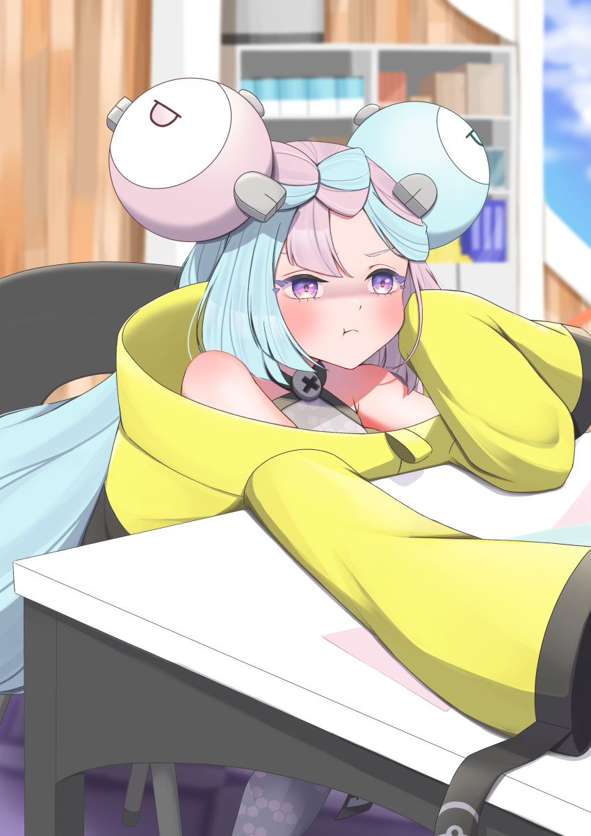 1girl :t absurdres blurry blurry_background blush bow-shaped_hair chair character_hair_ornament closed_mouth commentary_request green_hair grey_pantyhose grey_shirt hair_ornament highres indoors iono_(pokemon) jacket long_hair mochitaro_(mothitaroo) multicolored_hair pantyhose pink_hair pokemon pokemon_sv shirt sitting sleeveless sleeveless_shirt sleeves_past_fingers sleeves_past_wrists solo table two-tone_hair violet_eyes yellow_jacket