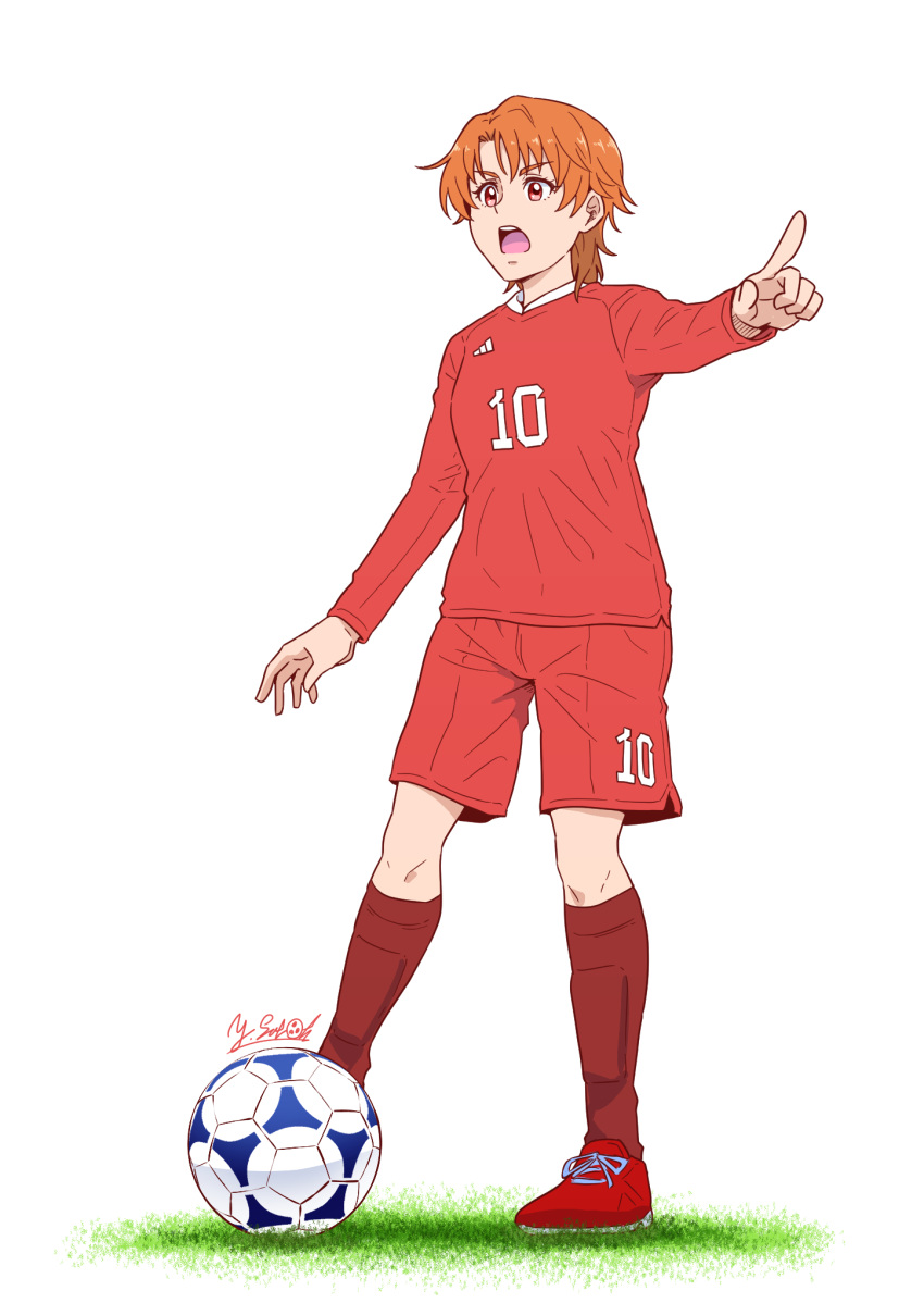 1girl artist_name ball commentary_request frown grass highres kibou_no_chikara_~otona_precure_'23~ long_sleeves looking_to_the_side natsuki_rin open_mouth orange_hair pointing precure red_eyes red_footwear red_shirt red_shorts red_socks satou_yasu shirt shoes short_hair shorts signature soccer soccer_ball soccer_uniform socks solo sportswear standing white_background yes!_precure_5 yes!_precure_5_gogo!