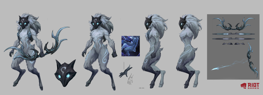 1girl absurdres animal_ears arrow_(projectile) black_mask body_fur bow_(weapon) full_body furry furry_female glowing glowing_eyes glowing_markings grey_background grey_fur highres holding holding_bow_(weapon) holding_weapon kindred_(league_of_legends) lamb_(league_of_legends) league_of_legends loiza long_hair profile sheep_ears sheep_tail simple_background standing tail weapon