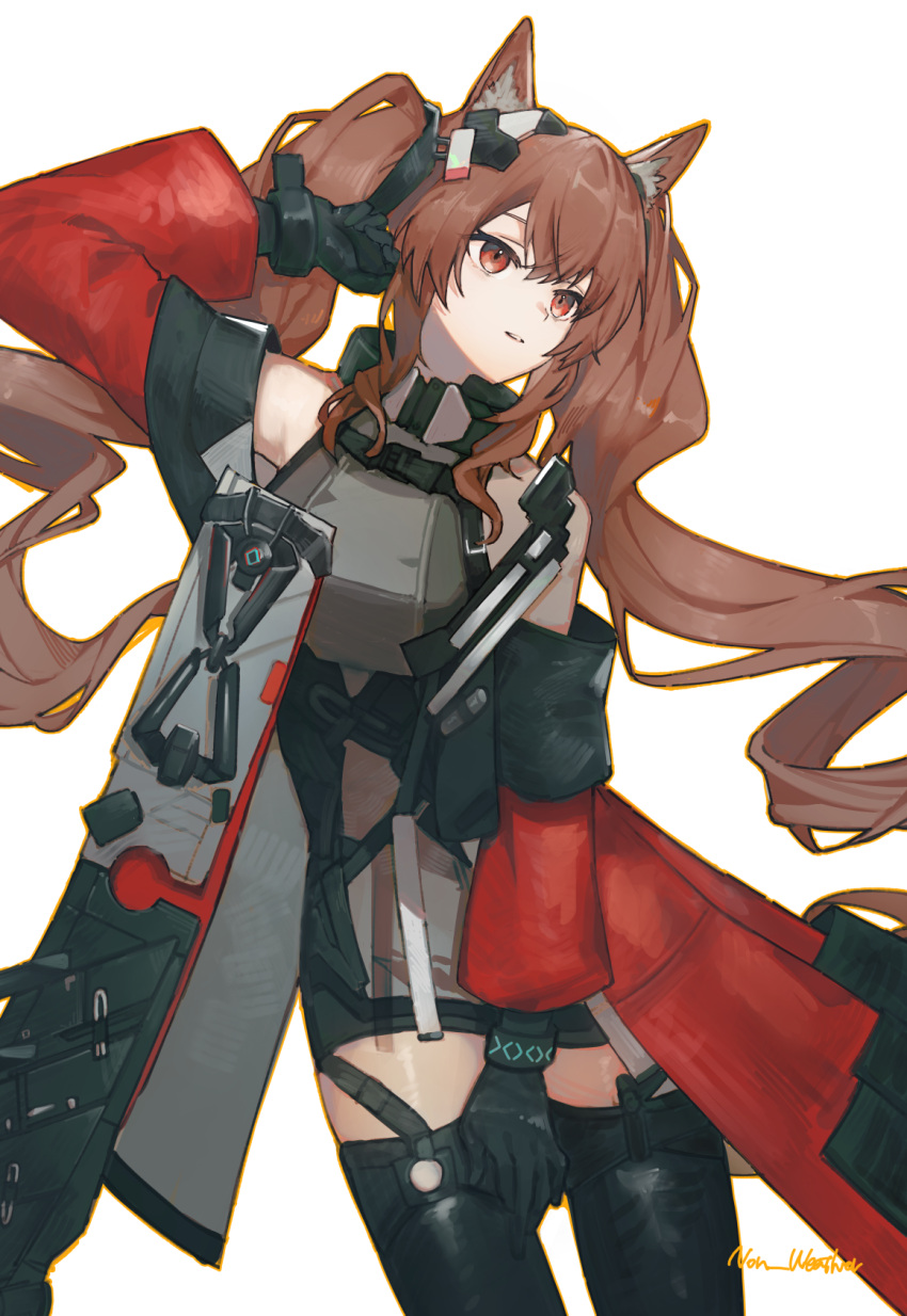 1girl angelina_(arknights) angelina_(endfield)_(arknights) animal_ear_fluff animal_ears arknights arknights:_endfield arm_up bare_shoulders black_gloves black_thighhighs breasts brown_hair cowboy_shot dress fox_ears fox_girl gloves grey_dress hair_intakes hand_on_own_head headgear highres infection_monitor_(arknights) jacket long_hair long_sleeves medium_breasts non_weathers off_shoulder open_clothes open_jacket red_eyes red_jacket sidelocks signature solo standing teeth thigh-highs twintails upper_teeth_only zettai_ryouiki