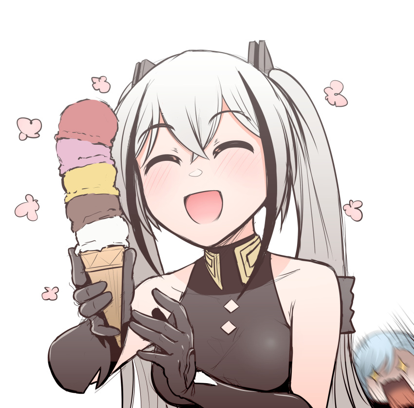 +_+ 2girls black_gloves blush breasts closed_eyes collarbone destroyer_(girls'_frontline) elbow_gloves food girls_frontline gloves grey_hair hands_up highres holding holding_food ice_cream medium_breasts motion_lines multicolored_hair multiple_girls open_mouth senpaihawkkun shirt simple_background sleeveless sleeveless_shirt smile solo_focus spas-12_(girls'_frontline) streaked_hair twintails upper_body white_background white_hair