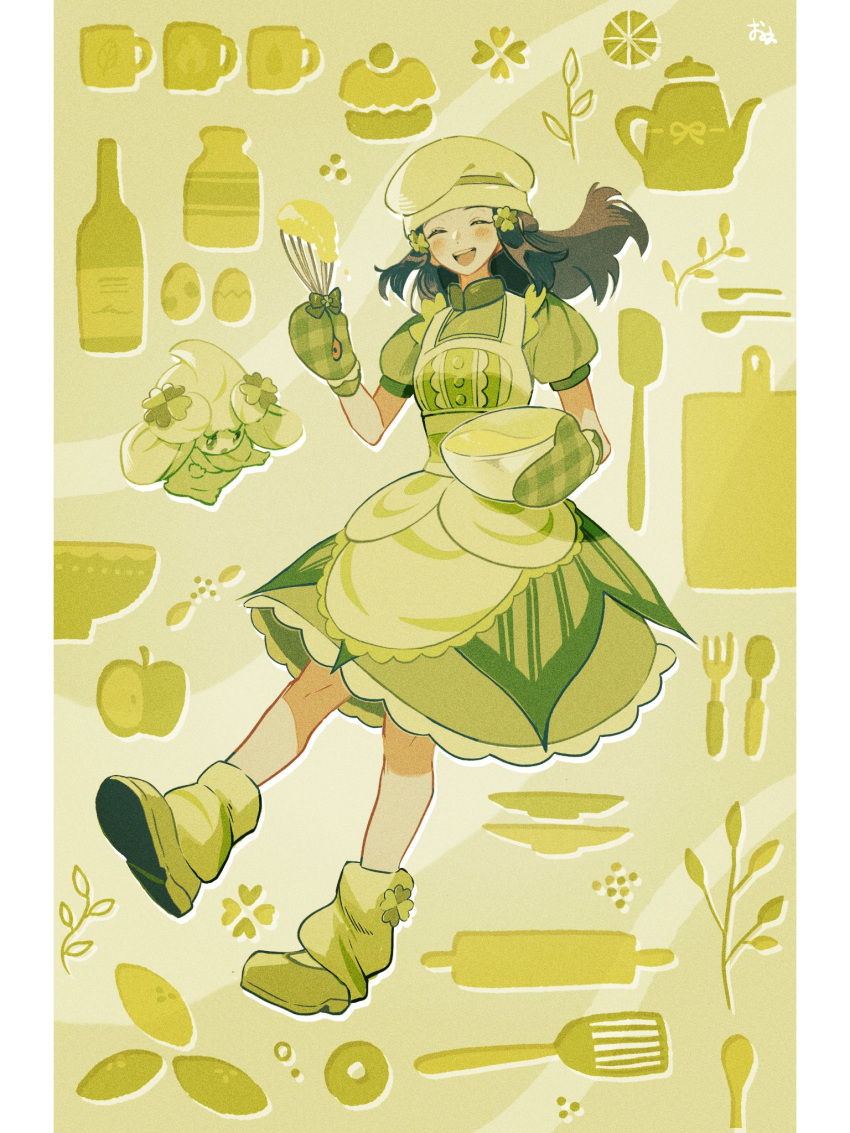 1girl :d alcremie apron black_hair blush buttons chef_hat closed_eyes commentary_request dawn_(palentine's_2021)_(pokemon) dress floating_hair green_dress hat highres hikari_(pokemon) holding holding_whisk long_hair loose_socks official_alternate_costume omyo_(myomyomyo22) open_mouth oven_mitts pillarboxed pokemon pokemon_(creature) pokemon_masters_ex shoes short_sleeves sidelocks signature smile socks teeth upper_teeth_only whisk