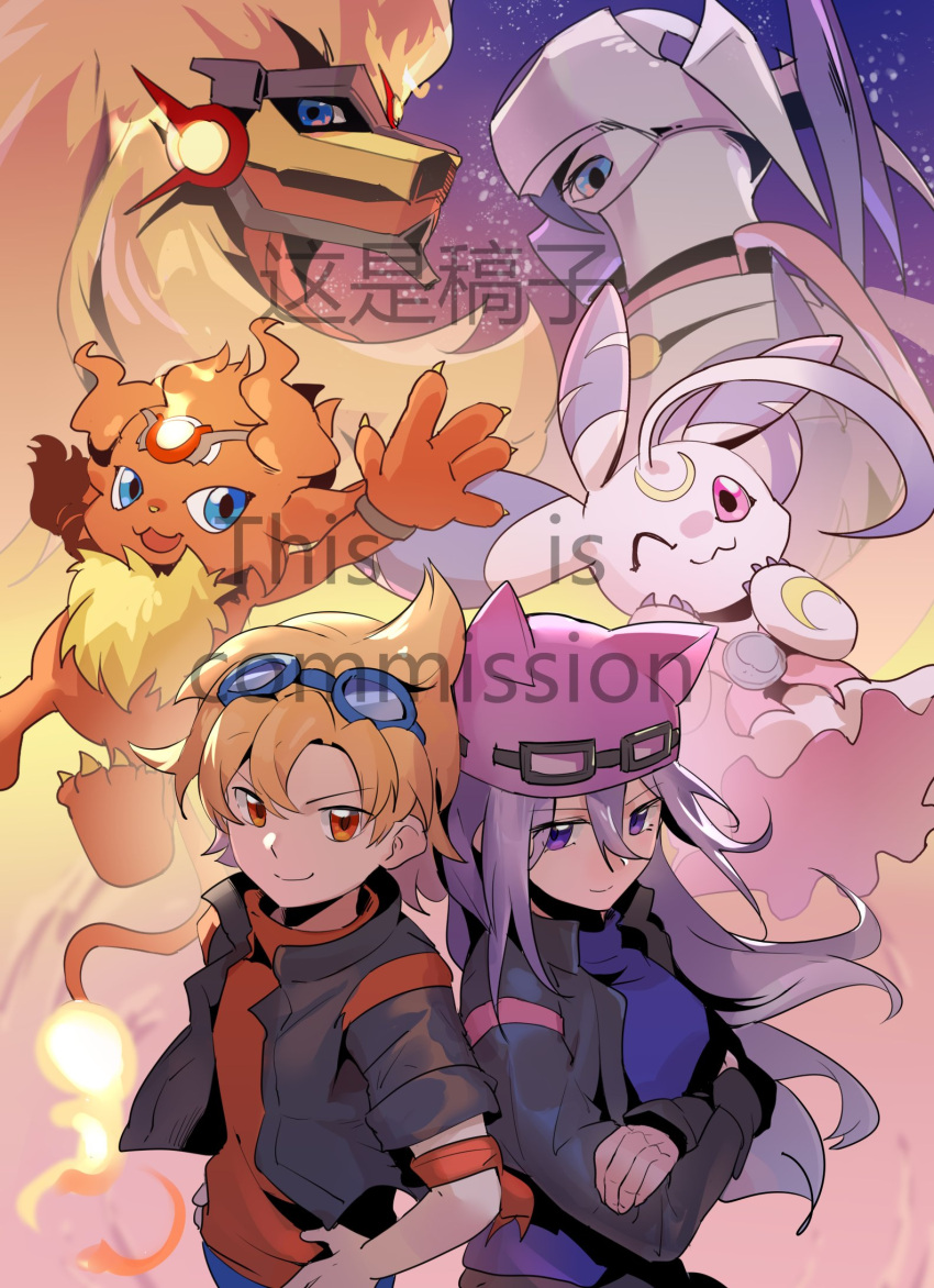 2girls apollomon black_jacket blonde_hair blue_eyes brown_eyes commission coronamon crescent cropped_jacket crossed_arms cyanord_k dianamon digimon digimon_(creature) digimon_story:_sunburst_and_moonlight evolutionary_line fire goggles goggles_on_head helmet highres jacket koh_(digimon) long_hair looking_at_viewer looking_back lunamon mask mouth_mask multiple_girls one_eye_closed open_clothes open_jacket pink_scarf purple_hair purple_headwear sayo_(digimon) scarf short_hair smile smirk violet_eyes watermark