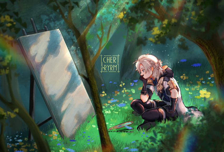 1boy albedo_(genshin_impact) art_brush artist_logo black_footwear black_gloves black_shorts blonde_hair blue_eyes blue_flower boots braid canvas_(object) closed_mouth commentary easel elbow_gloves english_commentary expressionless fantasy flower forest from_side genshin_impact gloves gold grass hand_on_own_chin hand_on_own_leg hand_on_own_thigh head_rest highres jacket looking_ahead looking_at_object male_focus medium_hair nature on_grass on_ground orange_flower outdoors paintbrush palette_(object) plant profile ryrmcher shoe_soles short_sleeves shorts signature sitting solo sunlight thigh_boots thinking tree white_jacket wide_shot yellow_flower