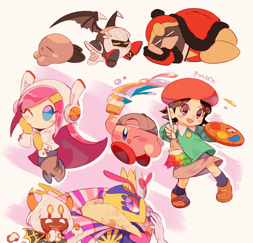 2others 3boys 3girls :d ;d adeleine antennae arm_up armor armored_boots artist_name backwards_hat baseball_cap beret black_hair black_wings blue_eyes blue_socks blunt_bangs blush blush_stickers boots brown_footwear capelet closed_eyes collared_shirt commentary_request copy_ability crown dark_meta_knight fangs fur-trimmed_jacket fur-trimmed_sleeves fur_trim gloves green_capelet green_shirt grey_headwear grey_skirt hand_up hat highres holding holding_paintbrush holding_palette horns jacket kirby kirby_(series) long_hair long_skirt long_sleeves looking_at_viewer lying mask on_side one_eye_closed open_mouth orange_horns paint paint_kirby paintbrush palette_(object) parted_bangs pauldrons pencil_skirt pink_background pink_hair queen_sectonia red_footwear red_headwear red_jacket red_scarf scarf shadow_dedede shadow_kirby shirt shoes short_hair shoulder_armor sidelocks simple_background sitting skirt sleeping sleeping_upright smile socks spiked_wings spikes stomach susie_(kirby) swept_bangs taranza tokuura torn_wings twitter_username v-shaped_eyebrows violet_eyes white_background white_gloves white_hair white_shirt wings yellow_gloves